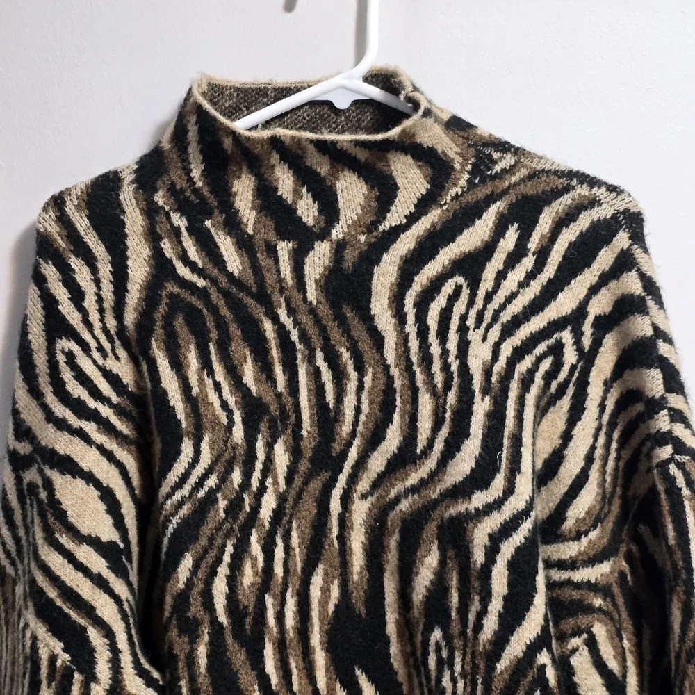 Zara Zebra Print Funnel Neck Knit Blend  Sweater - Picture 2 of 7